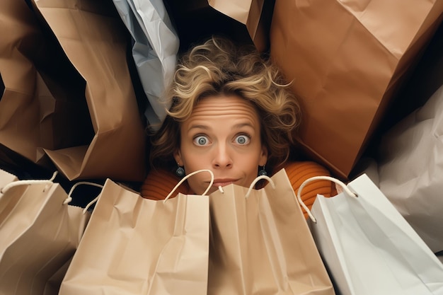 Compras Spree Mujer en medio de un mar de bolsas de compras Evento anual de compras Descuentos Ventas Ofertas