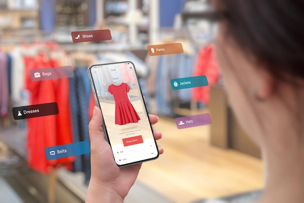 Compras con teléfono inteligente y aplicación de realidad aumentada en el concepto de boutique Probándose la última ropa de diferentes tamaños y colores Mujer sosteniendo un teléfono inteligente