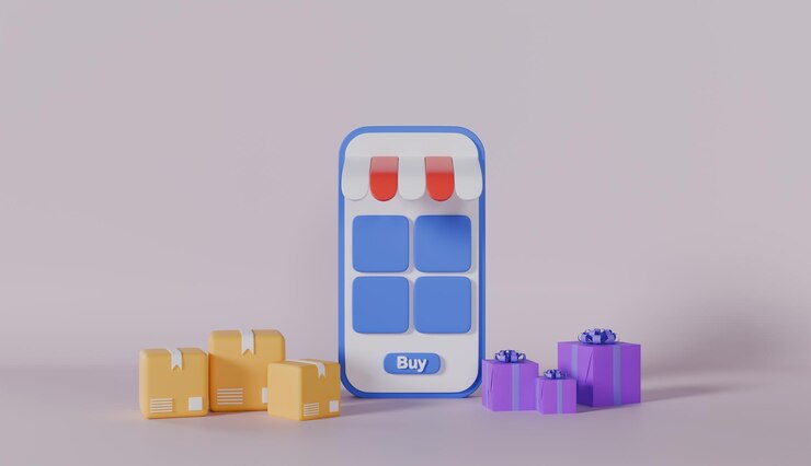 Foto compras por teléfono móvil a través de una aplicación en línea en un teléfono inteligente sobre un fondo púrpura