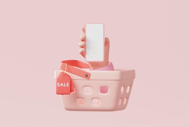 Compras y ventas en línea con la mano sosteniendo el teléfono móvil en la canasta sobre fondo rosa Usando el teléfono inteligente para comprar concepto renderizado en 3D