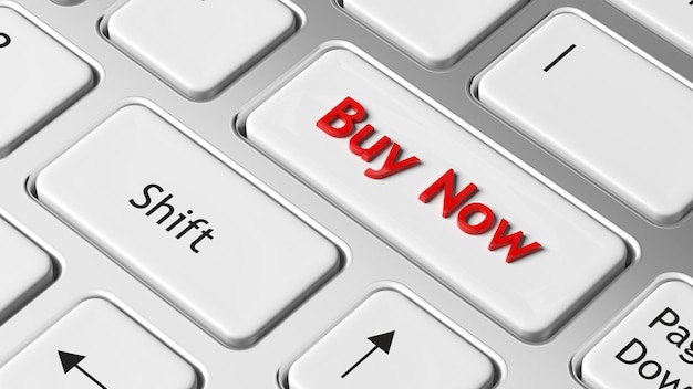 Compre ahora en la tecla enter del primer plano del teclado blanco