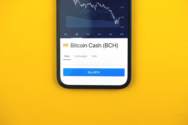 Compre Bitcoin Cash BCH criptomoeda por aplicativo de telefone móvel, conceito de comércio online, investimento e troca de moedas com smartphone, foto comercial e financeira