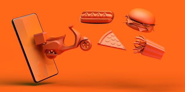 Compre comida en línea con el teléfono inteligente Entrega Motocicleta hot dog pizza hamburguesa papas fritas ilustración 3d