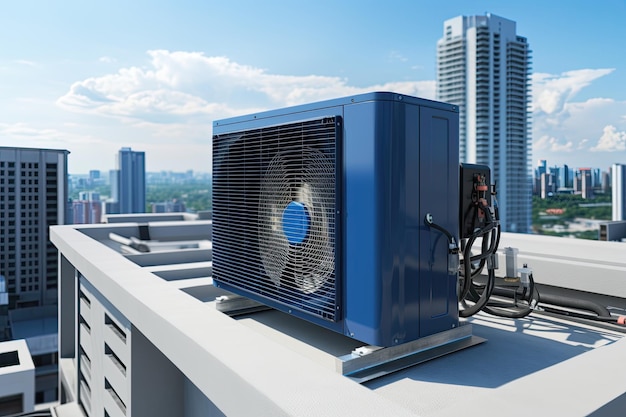 El compresor de aire acondicionado al aire libre está instalado en el techo de un edificio