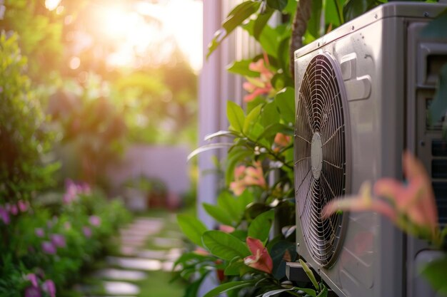 Compresor de aire Unidad de aire acondicionado en un jardín durante el verano