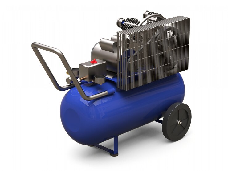 Foto compressor de ar horizontal azul isolado em uma superfície branca