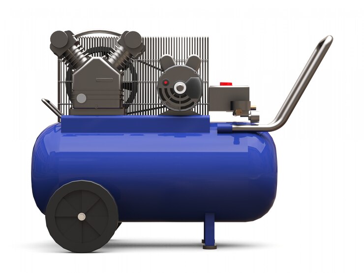 Foto compressor de ar horizontal azul isolado. renderização em 3d.