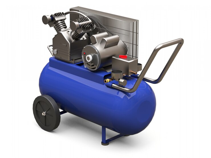 Foto compressor de ar horizontal azul isolado. renderização em 3d.