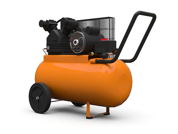 Compressor de ar horizontal laranja isolado em um fundo branco. Ilustração 3D.