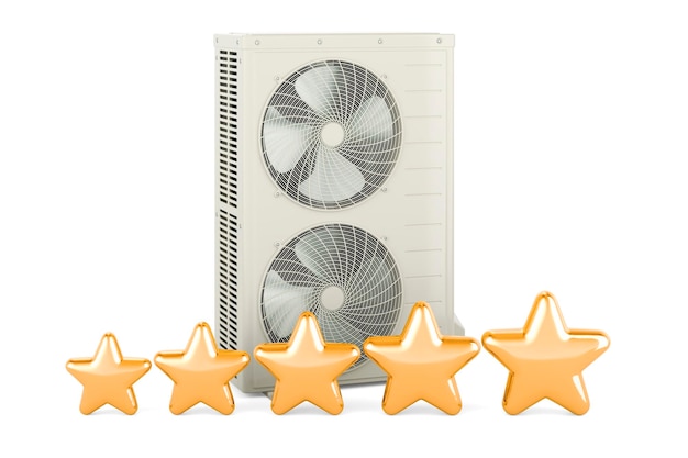 Foto compressor externo unidade multizone ar condicionado com cinco estrelas douradas renderização 3d isolado em fundo branco