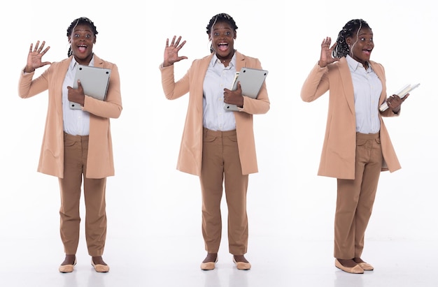 Comprimento total de 20 anos, jovem afro-americana professora estudante advogada uau surpresa feliz