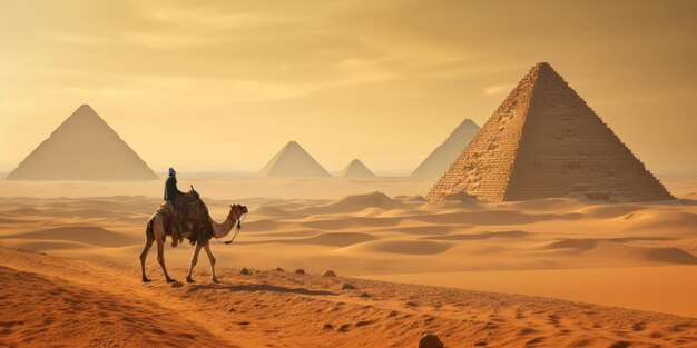 comprimento totalNomad em camelo perto de pirâmides no deserto egípcio