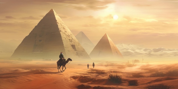 comprimento totalNomad em camelo perto de pirâmides no deserto egípcio