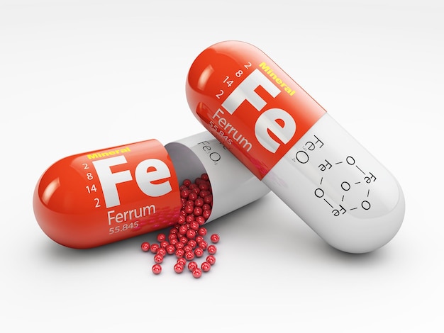 Comprimido com elemento de ferro fe. suplementos dietéticos. ilustração 3d.