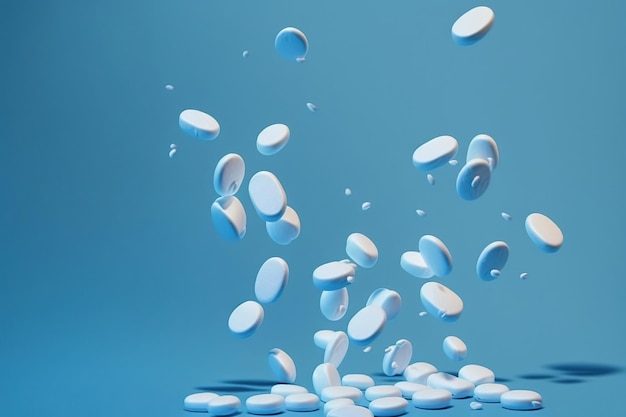 Comprimidos brancos de drogas ou suplementos caindo sobre fundo azul