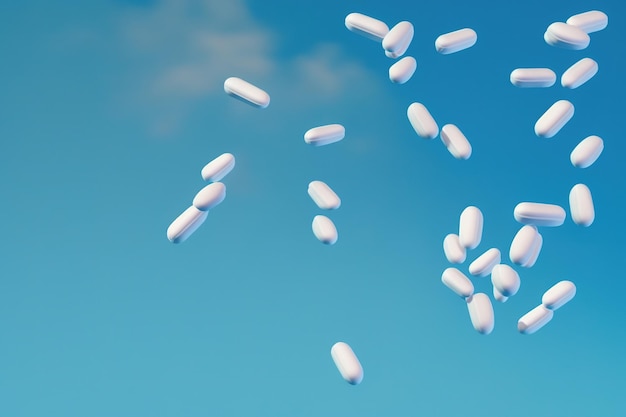 Comprimidos brancos de medicamentos ou suplementos caindo no céu azul com nuvens ao fundo
