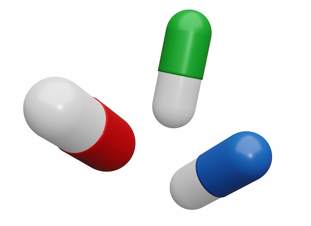 Comprimidos cápsula de medicamento voando ícone 3d isolado no fundo branco