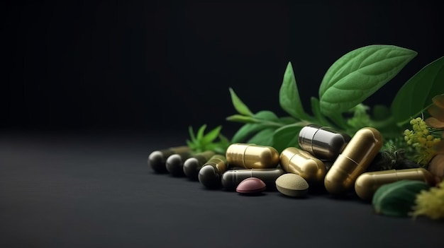 Comprimidos de pílulas naturais à base de ervas e cápsulas em fundo escuro com espaço de cópia Generative ai