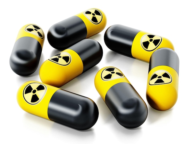 Foto comprimidos de radiação com símbolos de energia nuclear isolados em branco