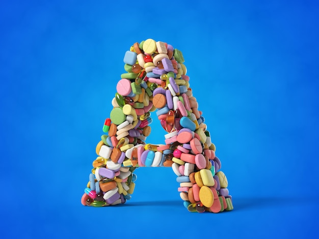 Comprimidos diferentes empilhados em forma de letra A. adequados para temas de medicina, saúde e ciências. Ilustração 3D com fundo azul.