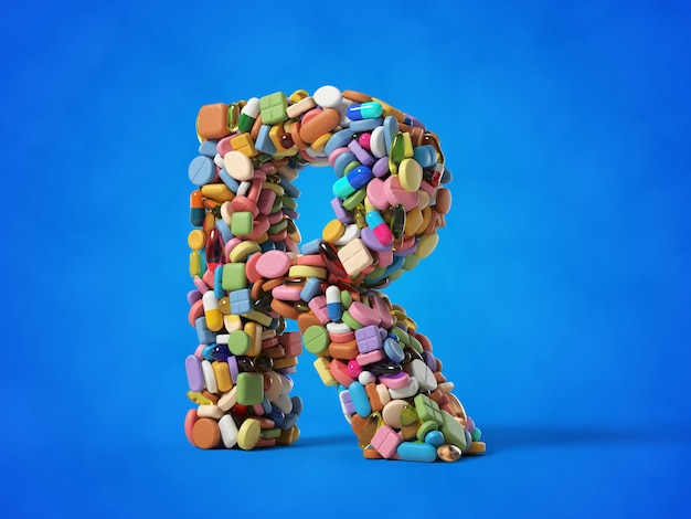 Comprimidos diferentes empilhados em forma de letra R., adequados para temas de medicina, saúde e ciências. Ilustração 3D com fundo azul.