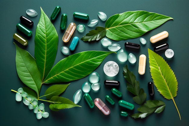 Comprimidos e cápsulas de medicamentos farmacêuticos com folhas verdes em fundo preto Generative AI