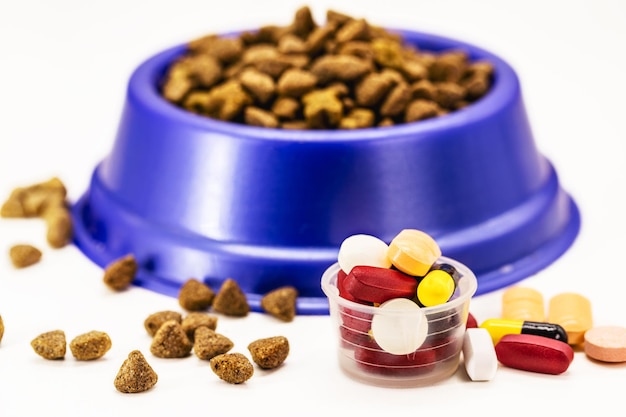 Comprimidos veterinários ou suplementos de medicamentos ou vitaminas para animais de estimação com alimentos para animais de estimação em segundo plano com copyspace