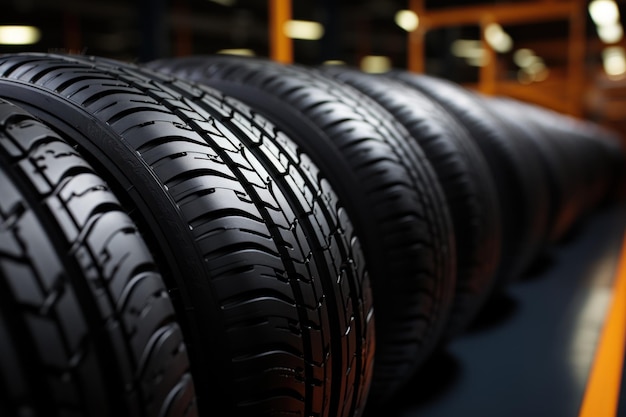 Comprobación del estado de los neumáticos nuevos en stock para su sustitución en un centro de servicio o taller de reparación de automóviles Almacén de neumáticos para la industria del automóvil