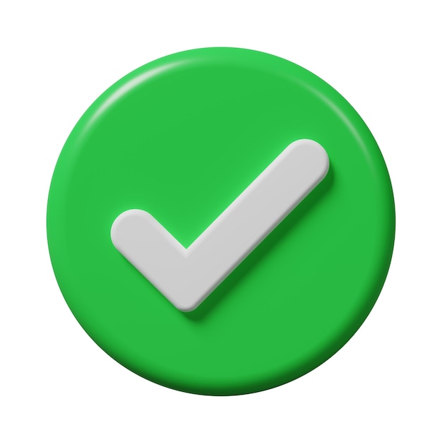 Comprobación verde correcta como marca en un círculo icono aislado en fondo blanco aprobado pasar permiso lista de verificación votación de encuesta confirmar firma en acuerdo de negocios símbolo de contacto concepto renderizado en 3D