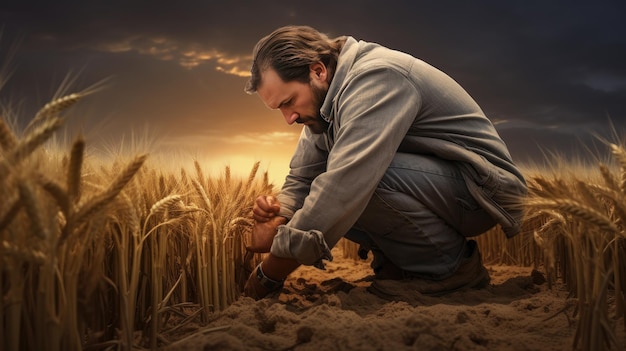 Comprobando el rendimiento de los cultivos de cereales Un hombre realiza experimentos en el campo Agricultura IA generativa