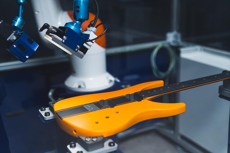 Foto comprobar la calidad de la guitarra con tecnologías modernas robot industrial brazo robótico
