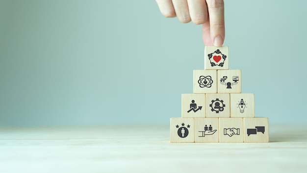 Compromiso de los empleados y motivación del equipo Inspiración de las personas productivas Objetivos comunes de la empresa y los empleados para la sostenibilidad Colocar íconos de compromiso de cubos de madera con las formas de construcción