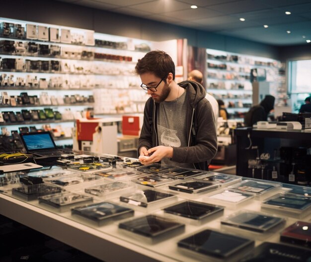 Foto comprueba los últimos aparatos en una tienda de electrónica