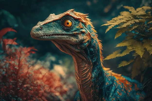 Compsognathus Bunter gefährlicher Dinosaurier in üppiger prähistorischer Natur durch generative KI