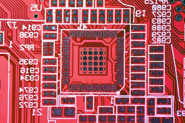 Comptuer-Prozessor und Motherboard-Mikrochip-Details aus der Nähe Hitech-Innovations-Hintergrund