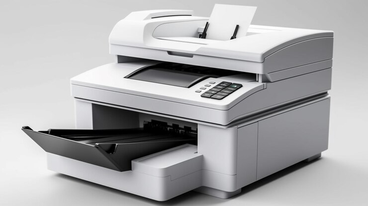 Compuesto digital de impresora de Office con hojas de papel en el escritorio contra el gris backgroundgenerative ai