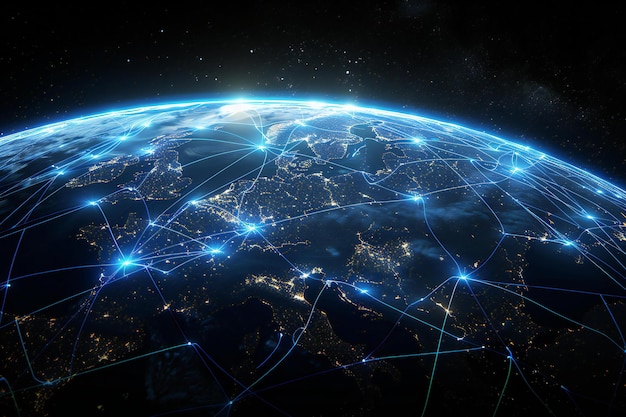 un compuesto digital de un planeta con una línea azul de conexiones
