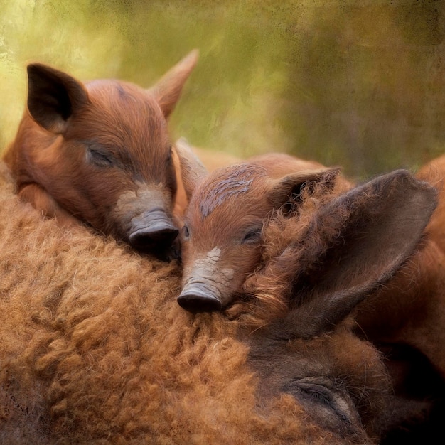 Compuesto de dos cerditos mangalitsa durmiendo la siesta sobre su madre dormida.