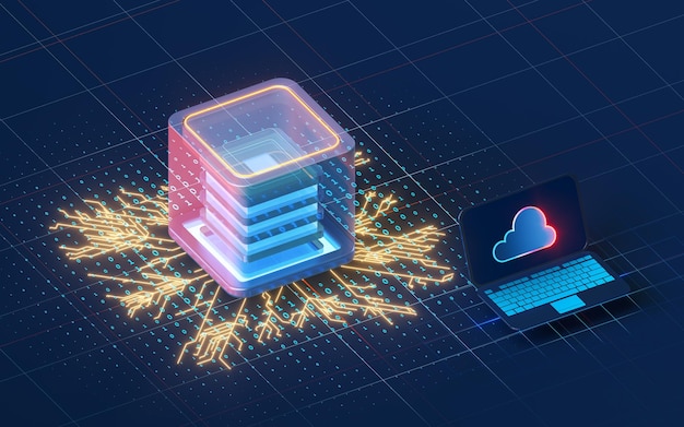 Computação em nuvem e laptop com renderização 3d de fundo escuro