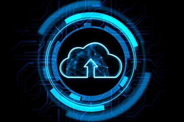 Computación en la nube y concepto de tecnología de negocios moderna con nube azul digital con símbolo de flecha en círculo de microcircuito en representación 3D de fondo oscuro abstracto