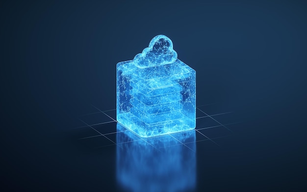 Computación en la nube y cubo con renderizado 3d de fondo oscuro