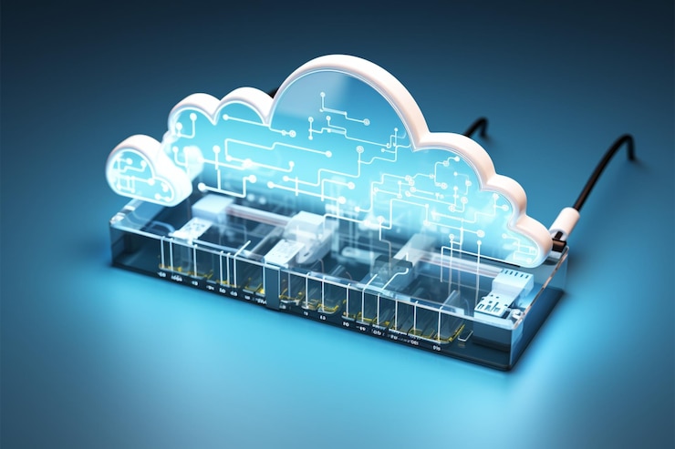 Foto computación en la nube equipo de tecnología de red en un fondo comercial blanco