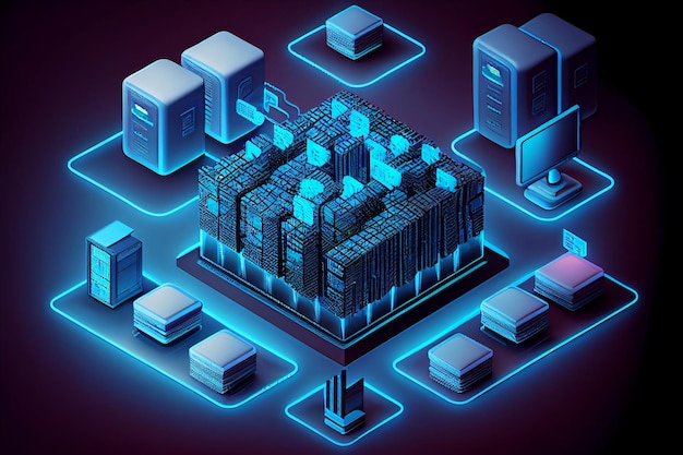 La computación en nube es una representación isométrica de un centro de datos moderno con una computadora portátil, una tableta y un teléfono inteligente conectados a una red AI generativa