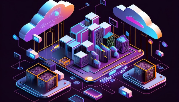 La computación en nube es una representación isométrica de un centro de datos moderno con una computadora portátil, una tableta y un teléfono inteligente conectados a una red AI generativa