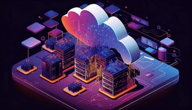 La computación en nube es una representación isométrica de un centro de datos moderno con una computadora portátil, una tableta y un teléfono inteligente conectados a una red AI generativa