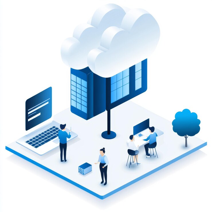 Foto computación en la nube ilustración isométrica trabajo en equipo almacenamiento de datos red servidor gente tecnología en la nube