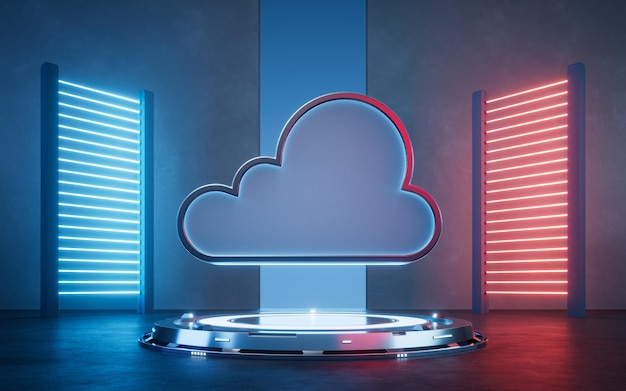 Computación en la nube con luces de neón brillantes representación 3D dibujo digital