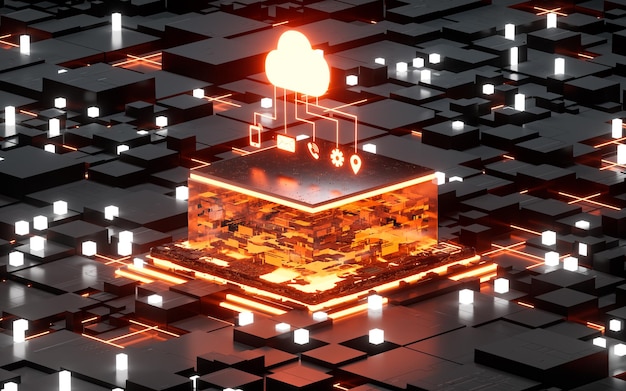 Computación en la nube y renderizado 3d de chips electrónicos brillantes