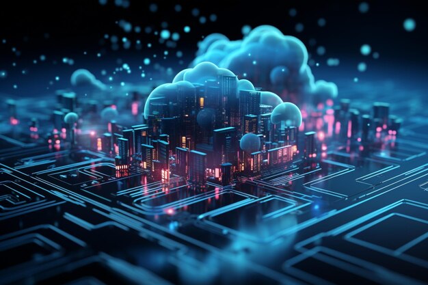 Foto la computación en la nube visualizó una ilustración 3d con intrincadas conexiones de malla en relieve