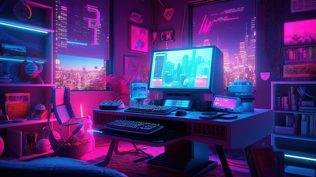 Computador AI generativo sobre a mesa no estilo cyberpunk nostálgico dos anos 80 e 90 Luzes noturnas de néon vibrantes